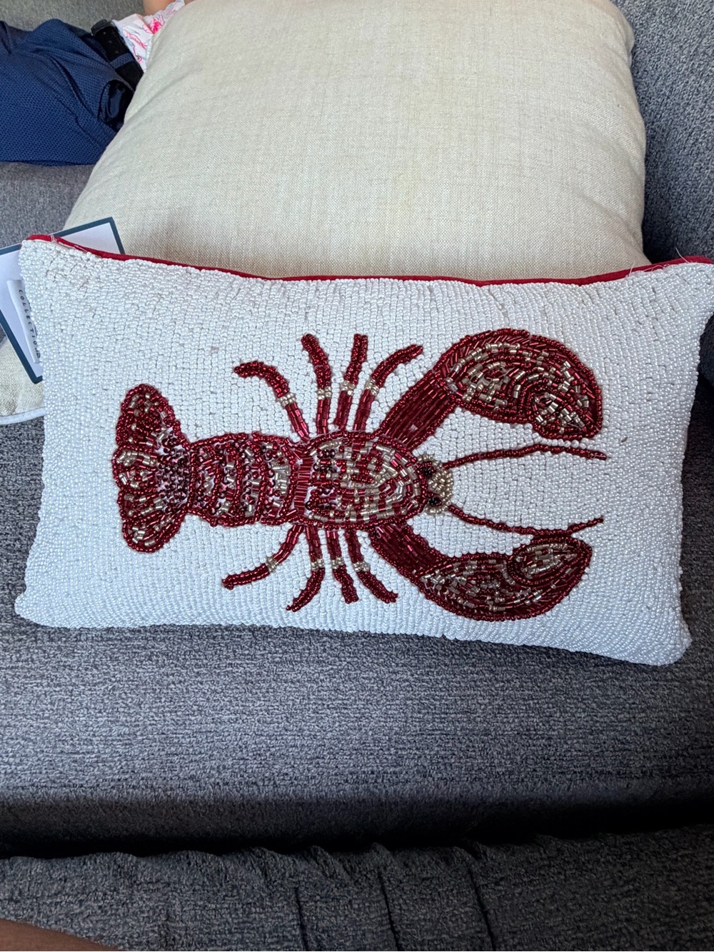Beaded Lobster Holiday Pillow - White with Red Accents